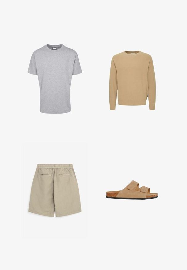 Beige strikket sweater med rund halsudskæring. Har ribbet struktur, lange ærmer og en let afslappet pasform. Minimalistisk design, ingen mønstre.; Grå kortærmet T-shirt lavet af bomuldsblanding. Den har en rund halsudskæring og en afslappet pasform uden mønstre eller pynt.; Beige linnedshorts med elastisk talje, to baglommer og en afslappet pasform. Stoffet ser let og struktureret ud.; Beige slidssandal med to justerbare Velcro-remme, kork-såle og sort, struktureret gummisål, vist i profil mod hvid baggrund.
