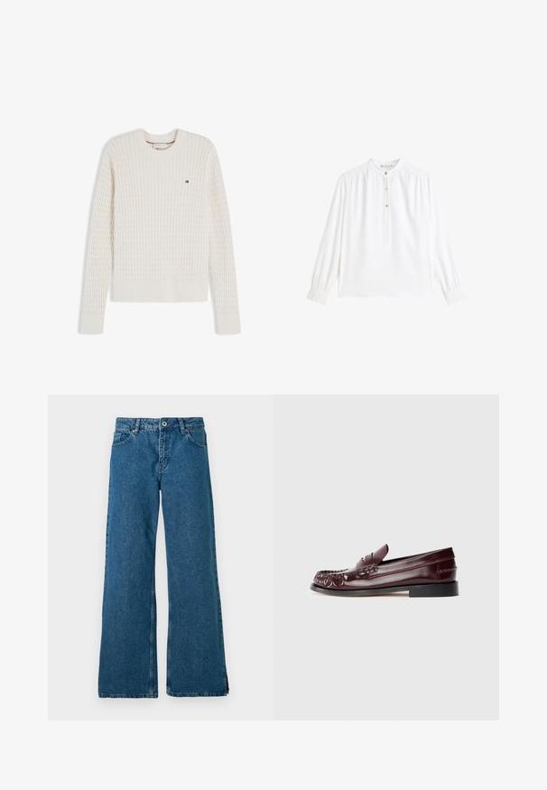 Kremfarvet kabelstrikket langærmet sweater med rund hals og lille Tommy Hilfiger flaglogo på venstre bryst.; Hvid bluse med lange ærmer og rund halsudskæring, med tre gyldne knapper og fine plisséer på skuldrene. Glat stof og tætsiddende manchetter.; Bredde ben blå denim jeans med et klassisk fem-lomme design, med en frontknap og lynlås lukning, samt en diskret falmet tekstur.; Burgunderfarvet læder penny loafer med sort sål og guldfarvet metal detalje på vamp, vist i sidevisning på hvid baggrund.
