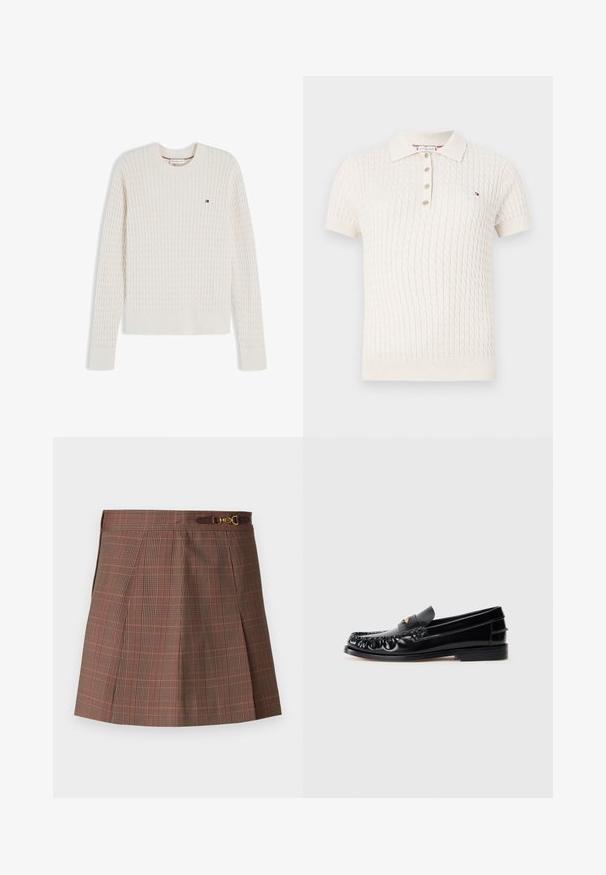Suéter de punto con trenzas de color crema, manga larga, cuello redondo y pequeño logo de bandera Tommy Hilfiger en el pecho izquierdo.; Polo de punto color beige claro con mangas cortas, patrón texturizado de diamantes, tapeta de tres botones y un pequeño logo bordado en el pecho.; Falda de cuadros marrones con acentos en naranja, con un diseño plisado, cintura ajustada y un detalle decorativo de hardware dorado en el cinturón.; Mocasines de cuero negro con puntera redondeada, costuras decorativas y un pequeño acento dorado en el empeine. Suela plana de goma, diseño elegante.