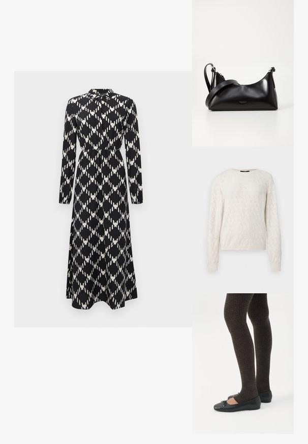 Off-white strikket sweater med subtilt tekstureret blomstermønster, lange ærmer, rund halsudskæring og ribbet manchetter og kant.; Sort og hvid langærmet maxikjole med geometrisk diamantmønster, indsnævret talje og knaplukning ved kraven.; Ben iført mørke ribbede leggings kombineret med sorte balletsko med små sløjfedetaljer på hvid baggrund.; Sort læderhåndtaske med en glat tekstur. Har en justerbar stropp og et enkelt, minimalistisk design med lynlås.
