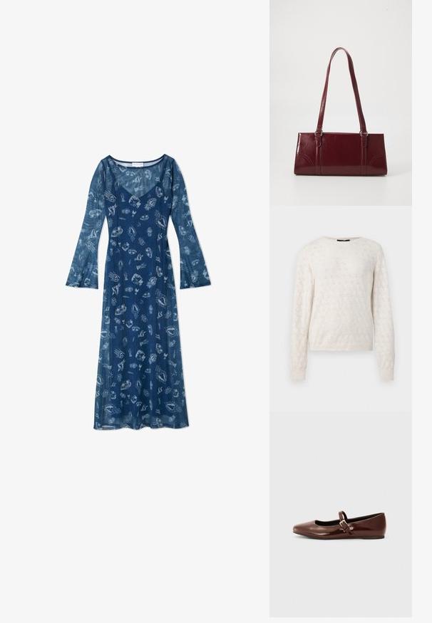 Off-white strikket sweater med subtilt tekstureret blomstermønster, lange ærmer, rund halsudskæring og ribbet manchetter og kant.; Langærmet kjole i marineblå lavet af letvægtsstof, med en flydende silhuet og et mønster af skjold og maritime motiver.; Brun patentlæder balletflade med firkantet tå og strop med en lille guldbuckle. Glat tekstur, lav hæl og minimalistisk design.; Bordeaux håndtaske lavet af glansfuldt materiale, rektangulær form, med to skulderremme og subtile buede detaljer på forsiden.
