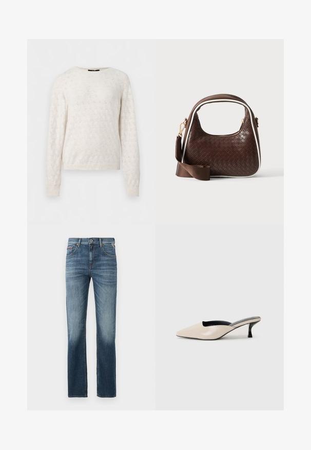 Off-white strikket sweater med subtilt tekstureret blomstermønster, lange ærmer, rund halsudskæring og ribbet manchetter og kant.; Mørkeblå denimjeans med lige ben, diskret lysning ved lårene og kontrastsyning. Klassisk fem-lomme design med lynlås.; Beige patent læder slingback hæl med spids tå og en lav sort hæl. Glat tekstur, minimalistisk design med åbne sider.; Brun vævet læderhåndtaske med hvid piping, guldfarvet lynlås og aftagelig brun stofskulderrem.