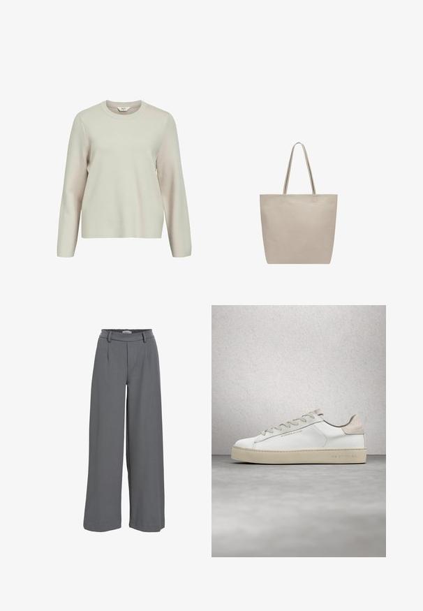 Pull beige clair à manches longues avec un col rond. Fabriqué en maille texturée, présentant des épaules légèrement tombantes et une coupe décontractée.; Pantalons à jambe large en tissu gris clair, avec une taille froncée, des plis avant et une texture lisse et douce.; Sneaker en cuir blanc avec une finition lisse, accents en suède beige, bout arrondi, design à lacets plats et semelle en caoutchouc texturée.; Sac cabas en cuir beige avec de longues anses doubles et un design lisse et minimaliste sur fond blanc.