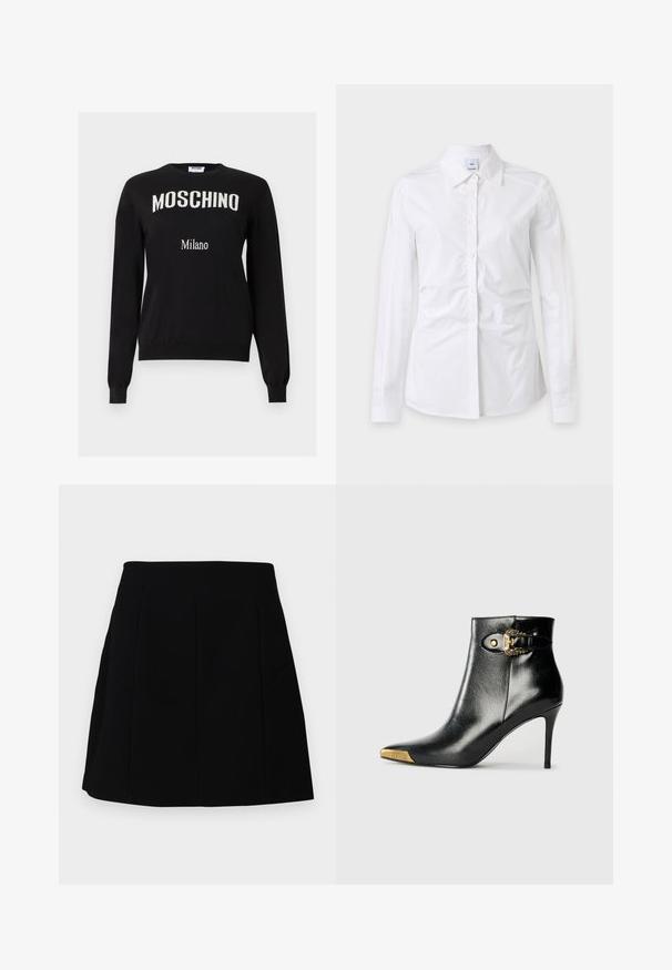 Pull noir à manches longues avec le texte "MOSCHINO" en arc de cercle blanc sur la poitrine et un texte "Milano" plus petit en dessous, col rond, poignets et ourlet côtelés.; Chemise blanche à manches longues avec boutons et col, tissu légèrement froissé et étiquette de marque visible à l'intérieur du col.; Mini-jupe noire avec une silhouette structurée, présentant des coutures à l'avant et des poches latérales, fabriquée à partir d'un tissu lisse et léger.; Bottine noire en cuir brillant, avec un bout pointu, un talon aiguille, et des accessoires dorés ornés d'une boucle décorative.