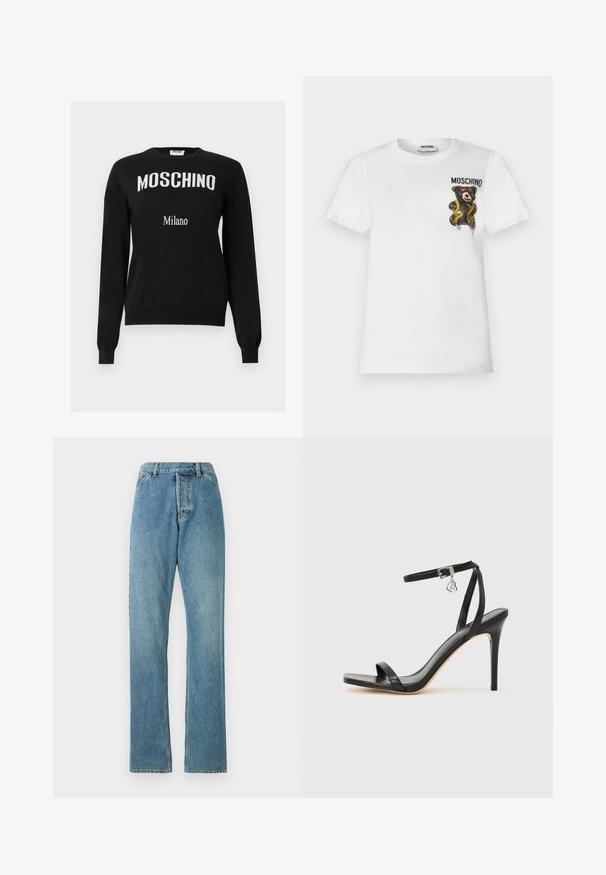 Zwarte trui met lange mouwen met witte "MOSCHINO" boogvormig op de borst en kleinere tekst "Milano" eronder, ronde hals, geribbelde manchetten en zoom.; Witte T-shirt met korte mouwen met een klein bruin teddybeertje gewikkeld in een gele meetlint en de tekst "MOSCHINO" op de bovenste linkerborst.; Lichtblauwe denim jeans met een recht model, vijf zakken en een zichtbare tailleband. De textuur is iets versleten maar intact.; Zwarte sandaal met hoge hak, smalle enkelband, vierkante neus, soepel leermateriaal en metalen gespsluiting.