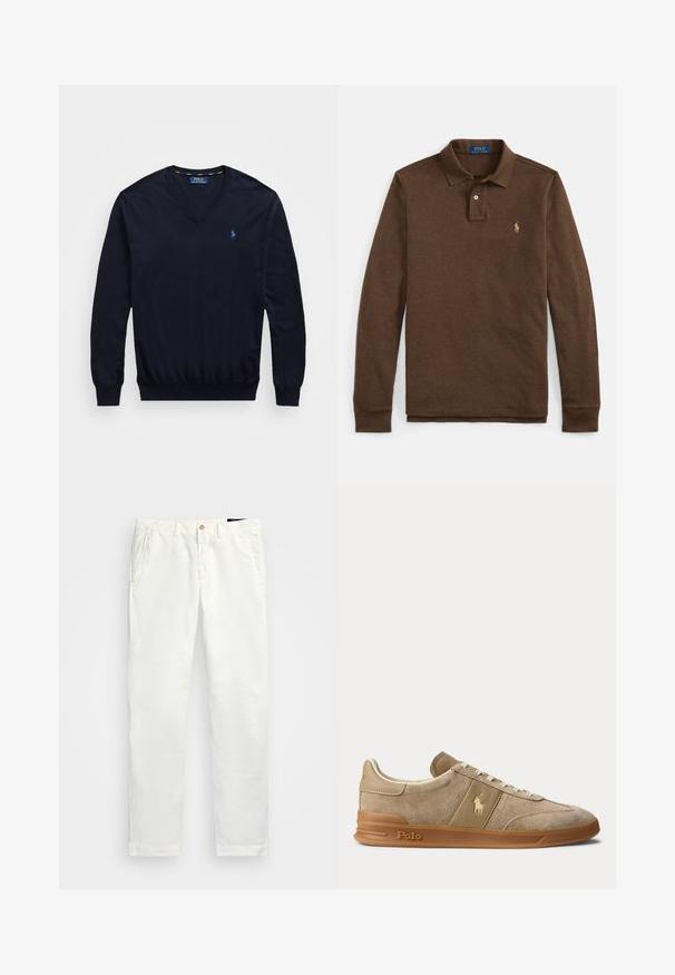 Laivaston V-kaula pullover neulepaita, joka on valmistettu puuvillasekoitteesta. Vaatteessa on ribbireunat hihoissa ja helmassa sekä sininen brodeerattu polo-logo rinnassa.; Ruskea pitkähihaisen poolopaita, valmistettu pehmeästä kankaasta, jossa on kolmen nepparin nappilista ja vasemmassa rinnassa kultainen kirjailtu logo.; Valkoiset puuvillachinosit suoralla lahjestuksella, joissa on sivutaskut, yksittäinen nappisulku ja sileä pinta.; Beigenvärinen mokka- ja nahkainen matalakärkinen tennari kumipohjalla, valkoisilla nauhoilla ja Polo-logolla sivussa ja pohjassa.