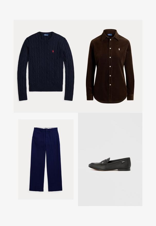 Tmavomodrý sveter so vzorom copov, s dlhým rukávom, okrúhlym výstrihom a červeným logom Polo Ralph Lauren na ľavej strane hrudníka.; Tmavohnedá kordová košeľa s dlhým rukávom, zapínaním na gombíky, golierom a malým bielym vyšívaným logom na ľavej strane hrude.; Námornícka modrá rovná nohavica s pútkami na opasok, predným zapínaním na gombíky a bočnými vreckami na bielom pozadí.; Čierna kožená mokasína s textúrovaným povrchom, detailom na uchytenie mincí, úzkym profilom, jemným logom na boku a nízkym, plochým podpätkom.