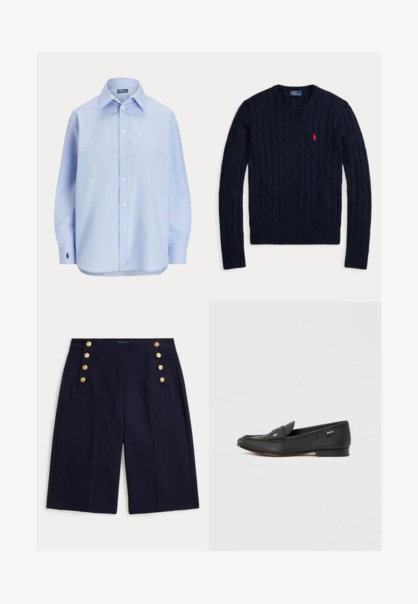 Navyblå kabelstrikket trøje med lange ærmer, rund hals og rødt Polo Ralph Lauren-logo på venstre bryst.; Lyseblå langærmet skjorte med knapper, spids krave og lille broderet logo på venstre manchet.; Mørkeblå shorts til knæet med vide ben og dekorative gullige knapper på forlommerne.; Sort læderloafer med tekstureret finish, penny keeper-detalje, slank profil, diskret branding på siden og lav, flad hæl.