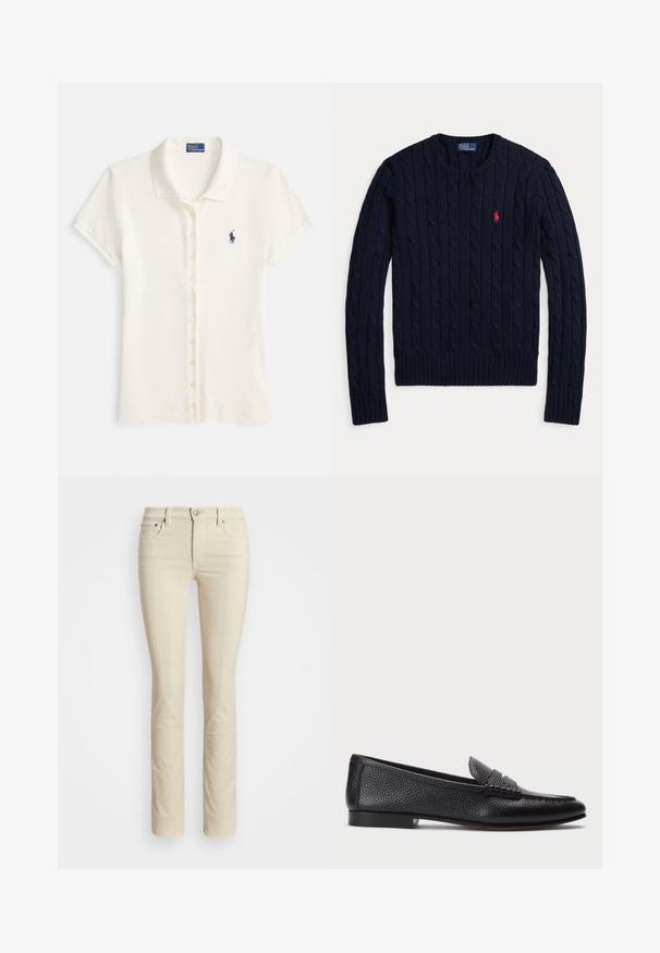 Tmavomodrý sveter so vzorom copov, s dlhým rukávom, okrúhlym výstrihom a červeným logom Polo Ralph Lauren na ľavej strane hrudníka.; Polokošeľa z béžovej bavlny s krátkymi rukávmi, golierom a zapínaním na gombíky. Na hrudi má malú námornícku modrú logo.; Béžové nohavice rovného strihu, vyrobené z jemnej zmesi bavlny, s klasickým dizajnom piatich vreciek, kovovým zapínaním a jemnou textúrou.; Čierne kožené loafers s textúrovaným povrchom, vybavené dekoratívnym pásikom a plochým podpätkom. Elegatný, minimalistický dizajn s okrúhlou špičkou.