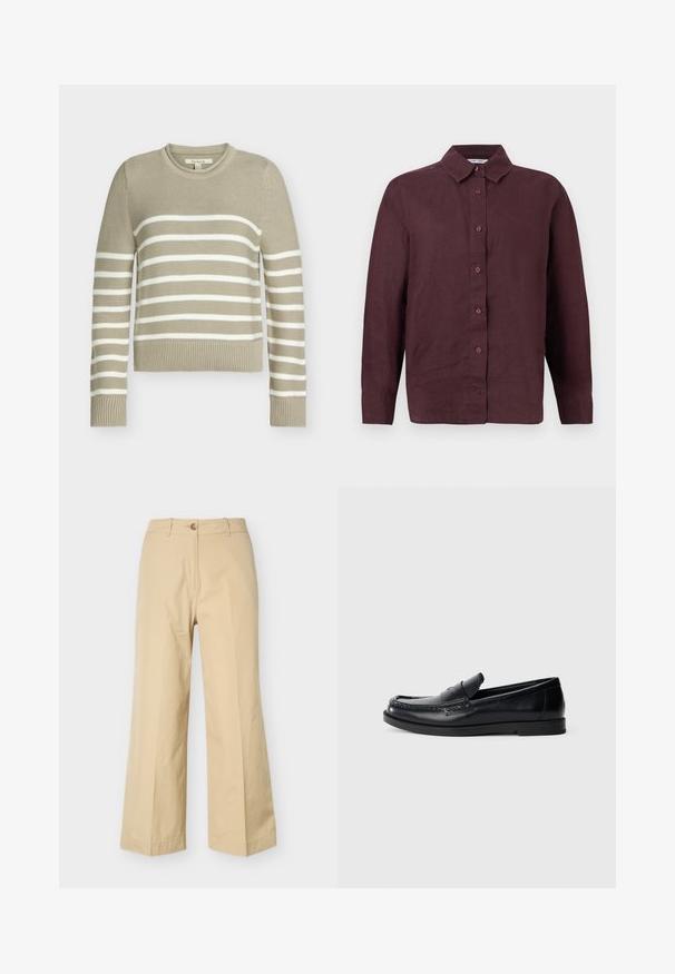 Pull beige en maille avec des rayures blanches horizontales sur la poitrine et les manches, poignets côtelés et col rond.; Chemise à manches longues, boutonnée, de couleur bordeaux foncé avec un col pointu et des poignets boutonnés, présentée sur un fond blanc.; Pantalon ample beige avec fermeture boutons et fermeture éclair, passants pour ceinture, et un design frontal épuré, présenté sur un fond blanc.; Mocassins en cuir noir avec un design d'accent cousu, bout rond, semelle plate en caoutchouc et finition lisse. Silhouette classique et polyvalente.