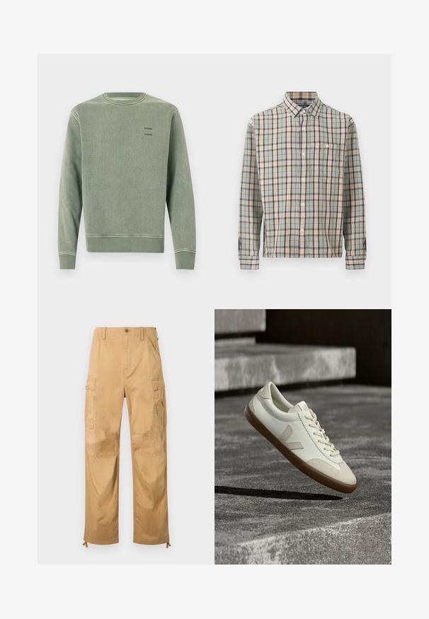 Sweatshirt léger vert encolure ras du cou avec des poignets et un ourlet côtelés, portant le petit texte noir "SAMSOE" imprimé deux fois sur la poitrine gauche.; Chemise à manches longues boutonnée avec un motif à carreaux vert, beige et bleu marine, avec une poche poitrine unique sur un fond uni.; Pantalon cargo beige avec poches à rabat sur les côtés, fermeture à boutons, passants pour ceinture et cordons de serrage ajustables à l'ourlet.; Baskets en cuir blanc avec semelle en caoutchouc beige, lacets plats et accent en forme de V sur le côté. Présentent une surface lisse et peu de détails de couture.