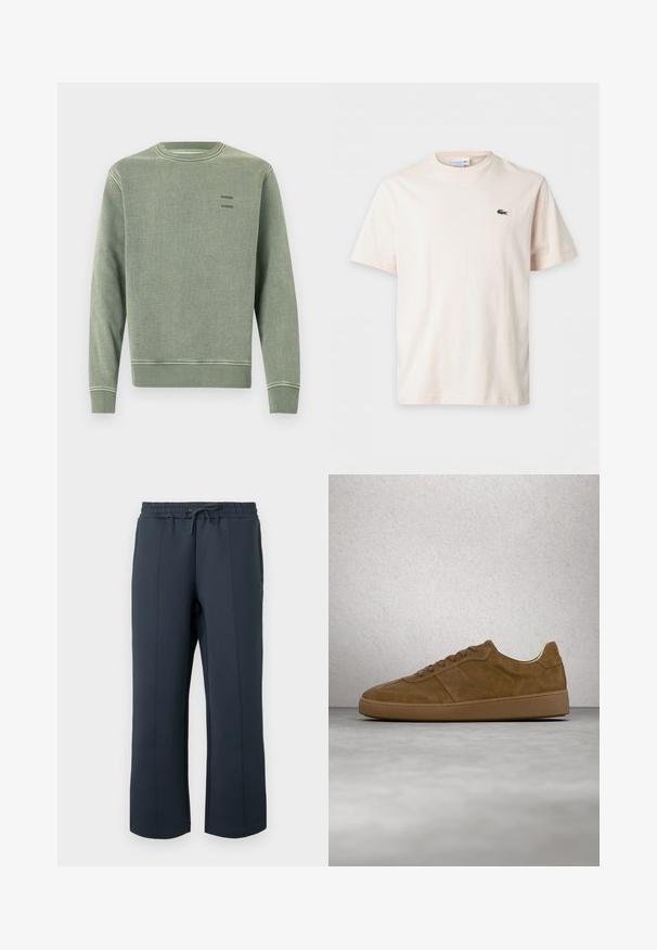 Sweatshirt léger vert encolure ras du cou avec des poignets et un ourlet côtelés, portant le petit texte noir "SAMSOE" imprimé deux fois sur la poitrine gauche.; T-shirt uni beige clair à manches courtes avec col rond et petit logo crocodile vert sur la poitrine gauche.; Pantalon de sport bleu marine en matière douce et extensible. Il possède une taille à cordon de serrage, des coutures latérales et une coupe droite.; Baskets en daim marron avec des lacets couleur fauve et une semelle en caoutchouc. Présente un bout arrondi et des détails cousus sur la tige. Design léger.