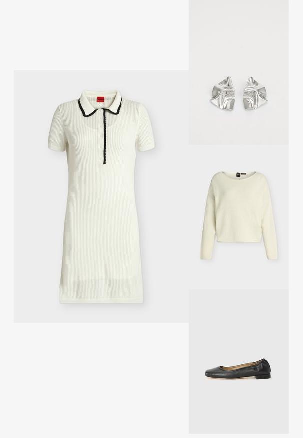 Pull à manches longues de couleur crème avec une coupe ample et un col rond, présenté sur un fond uni gris clair.; Robe tricotée blanche à manches courtes, col bordé de noir et patte de boutonnage, texture côtelée et longueur mi-cuisse.; Ballerines en cuir noir avec un bout arrondi et des coutures minimales. Talon bas et rectangulaire avec une texture lisse. Détails subtils de doublure intérieure.; Boucles d'oreilles en métal argenté avec un design ondulé et sculptural, présentant une finition polie et des formes irrégulières, mettant en valeur une esthétique contemporaine.