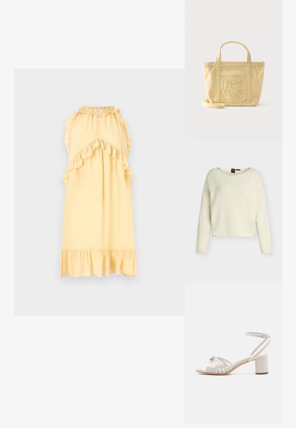 Langærmet sweater i cremefarve med løs pasform og rund halsudskæring, vist på en ensartet lys grå baggrund.; Hofmann Copenhagen SASHA - Hverdagskjole - butter cream; Creme blok-hælede sandal med snoet stropdesign, glat tekstur, justerbar ankelstrop og åben tå.; Beige lærredsnettaske med korte håndtag, en aftagelig skulderrem og et broderet rævehoved på frontlommen.