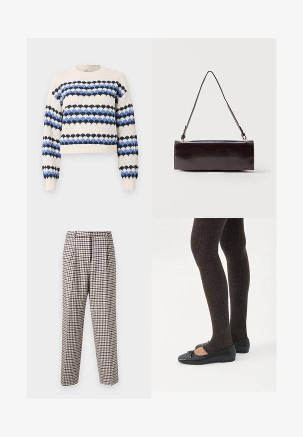 Pull en tricot crème avec des rayures en zigzag bleues et noires, présentant un col rond et des poignets côtelés. Design court avec un tissu texturé.; Pantalons à carreaux avec un motif quadrillé marron et blanc, devant plissé, coupe droite et texture lisse. Convient à diverses occasions.; Jambes portant des leggings côtelés foncés associés à des ballerines noires avec de petits détails en nœud sur fond blanc.; Sac à main rectangulaire en cuir noir avec une longue bandoulière unique et une finition brillante, présenté sur un fond blanc uni.