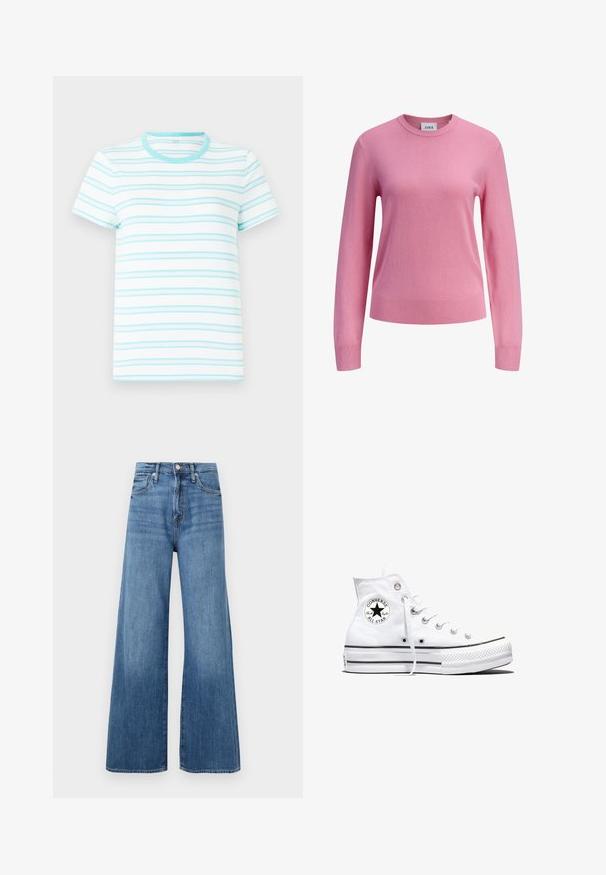 Lyserød langærmet crewneck-sweater med ribbede manchetter og kant, ensfarvet strikket tekstur og et lille hvidt mærke inde i halsudskæringen mærket JJXX.; Kortærmet t-shirt lavet af let stof, med horisontale lyseblå striber på en hvid baggrund og en matchende rund halsudskæring.; Blå højtaljede vidde jeans med knap- og lynlåslukning, forlommer og diskret fading på stoffet.; Hvid højtop Converse Chuck Taylor All Star-sneaker med sort logo-patch og hvide snørebånd, vist på hvid baggrund.