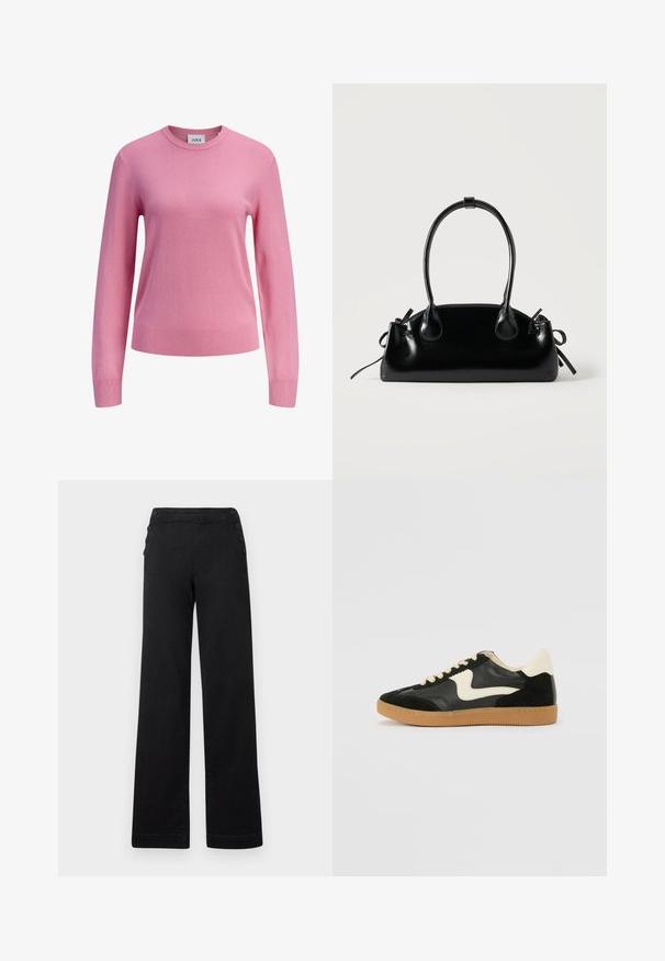 Rosa Pullover mit langen Ärmeln und Rundhalsausschnitt, gerippte Bündchen und Saum, einfarbige Strickstruktur und ein kleines weißes Etikett innen am Halsausschnitt mit der Aufschrift JJXX.; Schwarze weite Hose mit hohem Bund, Knopfdetails an den Seiten und einer glatten Denim-Oberfläche mit einem sauberen Finish.; Schwarze Wildleder- und Leder-Sneaker mit einem cremefarbenen Seiten-Swoosh und einer hellcremefarbenen Ferse. Ausgestattet mit beige Schnürsenkeln und einer Gummilaufsohle.; Kleine schwarze glänzende Handtasche mit zwei langen Griffen und seitlichen Kordelzug-Details vor einfachem hellem Hintergrund.