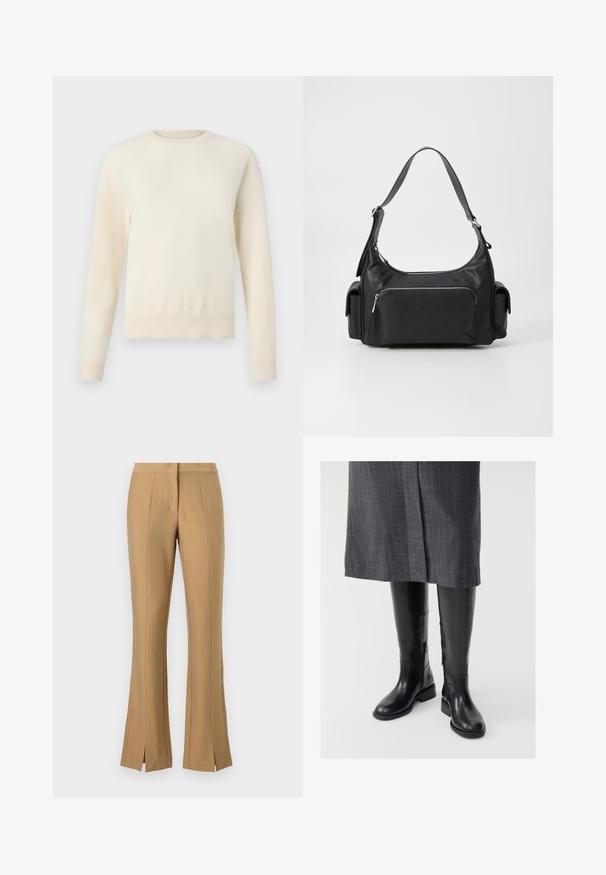 Pull crème clair à manches longues, col rond et ourlet côtelé. Fabriqué en matériau doux, avec une texture lisse.; Pantalons évasés beige avec fentes à l'avant, fabriqués en tissu lisse. Caractéristiques : une taille plate et des plis marqués qui descendent le long des jambes.; Bottes en cuir noir montantes jusqu'aux genoux, avec une texture lisse, des fermetures éclair sur le côté et une semelle plate. Les bottes présentent un tige structurée et un matériel minimal.; Sac à épaule en cuir noir, de forme arrondie, avec une poche avant zippée et deux poches latérales. Dispose d'une seule sangle réglable.