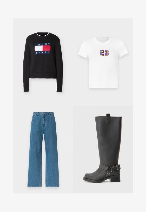 Zwarte crewneck trui met wit en rood Tommy Jeans-logo op de voorkant, geribbelde manchetten en zoom, en witte afwerking op de kraag, manchetten en zoom.; Witte korte mouwen t-shirt met een multicolore geborduurde "23" op de voorkant. Heeft een klassieke ronde halslijn en een zachte stoftextuur.; Blauwe high-waist wijde broekspijpen jeans met voorzakken, taillebandlussen, ritssluiting en knoopsluiting, weergegeven op een effen witte achtergrond.; Zwarte leren knie- hoog laars met een gestructureerde afwerking, voorzien van een zijgesp accent en een lage hak. Gedetailleerde stiksels langs de naden.