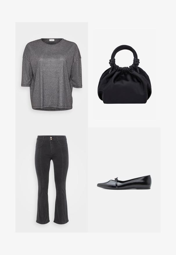 Grå metallisk kortærmet top med rund halsudskæring og en løs pasform. Har en glat, skinnende tekstur og en subtil glitrende effekt.; Sorte denim jeans med flared ben og høj talje, der har to forlommer og dobbeltknaplukning, glat tekstur og minimale syninger.; Sort laklæderballerina med spids tå, dekorativ rem og glat tekstur. Minimalistisk design uden synlige detaljer.; Sort blød stofhåndtaske med samlet top og cirkulære polstrede håndtag bundet med knuder på hver side.