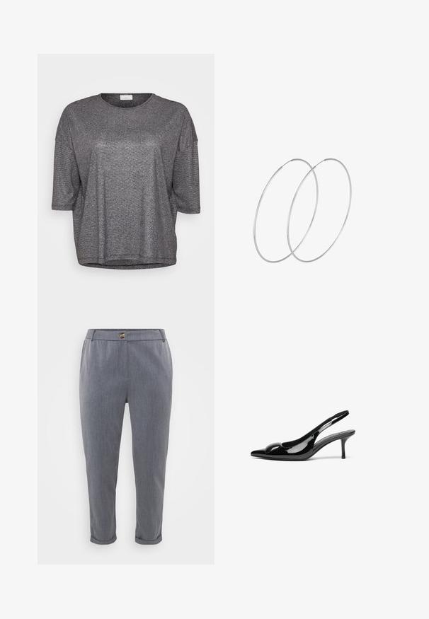 Haut court à manches courtes en métal gris avec un col rond et une coupe ample. Il présente une texture lisse et brillante avec un léger effet scintillant.; Pantalons gris ajustés avec une texture tissée lisse, ourlets à enfiler, poches avant et fermeture à bouton à la taille.; Escarpins slingback en cuir verni noir avec un bout pointu et une finition brillante. Présente un talon fin et un accent arrondi au dessus du pied.; Boucles d'oreilles en argent au design minimaliste. Forme circulaire, texture lisse et profil fin. Légères avec une finition polie.
