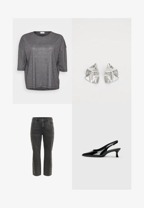 Grijze metalen kortärmige top met een ronde halslijn en een losse pasvorm. Heeft een gladde, glanzende textuur en een subtiele sparkle-effect.; Zwarte high-waist rechte jeans met metalen knoop, voorzakken en kleine zilveren studs langs de buitenste zijnaad.; Zwarte lakleren slingback schoenen met een spitse neus en een lage blokhak. Verstelbare gespband bij de enkel.; Zilveren metalen oorbellen met een golvend, sculpturaal ontwerp, voorzien van een gepolijste afwerking en onregelmatige vormen, die een hedendaagse esthetiek benadrukken.