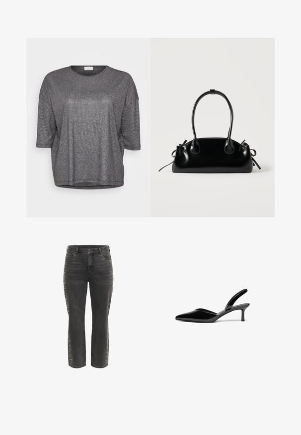 Grijze metalen kortärmige top met een ronde halslijn en een losse pasvorm. Heeft een gladde, glanzende textuur en een subtiele sparkle-effect.; Zwarte high-waist rechte jeans met metalen knoop, voorzakken en kleine zilveren studs langs de buitenste zijnaad.; Zwarte gepolijste leren slingback hakken met een puntige neus, een lage stiletto hak en een elegant, eenvoudig ontwerp zonder versieringen.; Kleine zwarte glanzende handtas met twee lange hengsels en zijkant trekkoord details op een effen lichte achtergrond.