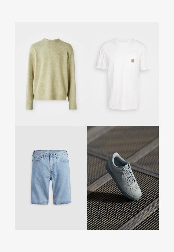 Lysegrøn strikket sweater med rund halsudskæring, ribbede manchetter og kant. Har et lille guldlogo på venstre bryst. Blød tekstur.; Hvid bomulds T-shirt med korte ærmer, en brystlomme, og et lille firkantet logo patch i orange og hvid på lommen.; Lyseblå denimshorts med forlommer, bæltestropper og knaplukning på en ensfarvet lys baggrund.; Grå lædersneaker med perforeret tå, flade snørebånd, polstret krave og struktureret gummisål. Har en subtil brandingdetalje.