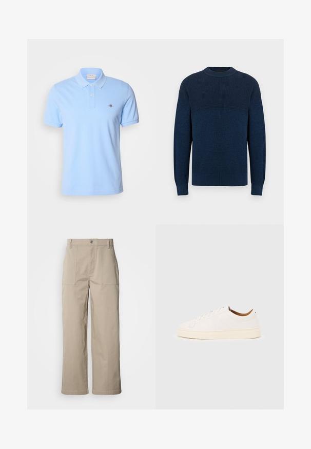 Pull en maille bleu marine avec un col rond haut et des manches longues, présentant un motif gaufré texturé et des poignets et un ourlet côtelés.; Polo shirt à manches courtes bleu clair en coton, avec une patte de boutonnage à deux boutons et un petit logo brodé sur la poitrine gauche.; Pantalon beige à jambes larges en coton ; doté de poches plaquées à l'avant, d'une fermeture à bouton et de coutures visibles le long des ourlets.; Baskets blanches basses avec un design à lacets, des détails de couture minimalistes, et une semelle couleur crème sur un fond gris clair.