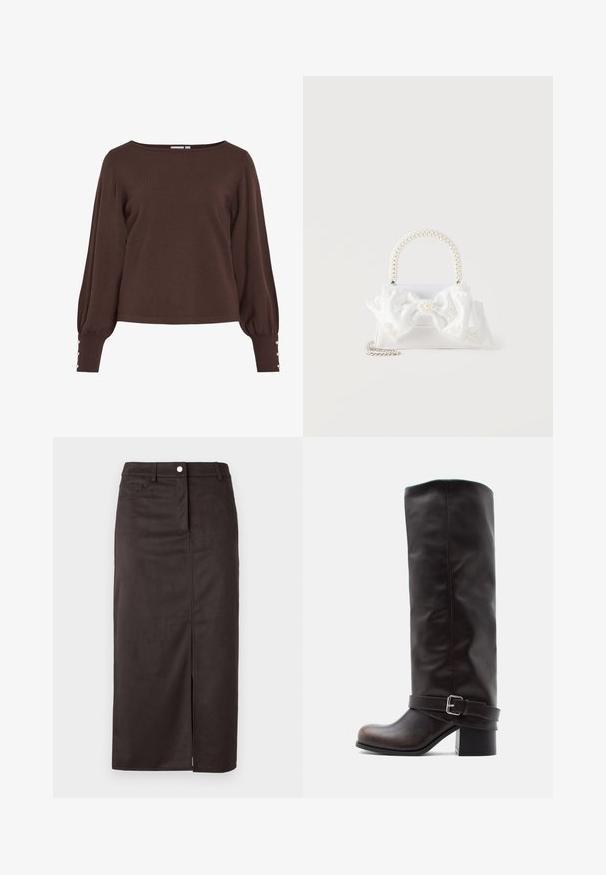 Brun strikket sweater med bådudskæring, lange pufærmer og knapdetaljer ved ærmekanterne. Har en afslappet pasform og en glat tekstur.; Brun, knælang nederdel lavet af glat stof. Har en frontslids, knaplukning og sidelommer for ekstra funktionalitet.; Mørkebrun læderstøvle til knæet med rund tå, lav blokhæle og dekorativ rem med sølvspænde ved anklen.; Hvid håndtaske med hank dækket af perler, stor stofsløjfe dekoreret med små perler og en sølvkæde som rem på en hvid baggrund.