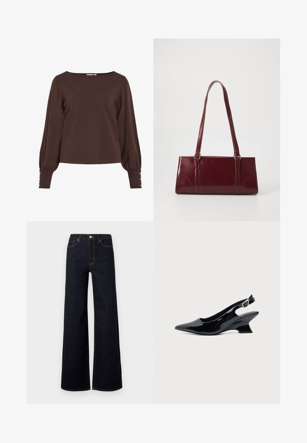Brun strikket sweater med bådudskæring, lange pufærmer og knapdetaljer ved ærmekanterne. Har en afslappet pasform og en glat tekstur.; Mørkeblå brede jeans lavet af denim, med høj talje, kontraststing og en enkelt metalknap foran.; Sort laklæder slingback sko med spids tå og lav vinklet blokhæl på ensartet lys baggrund.; Bordeaux håndtaske lavet af glansfuldt materiale, rektangulær form, med to skulderremme og subtile buede detaljer på forsiden.