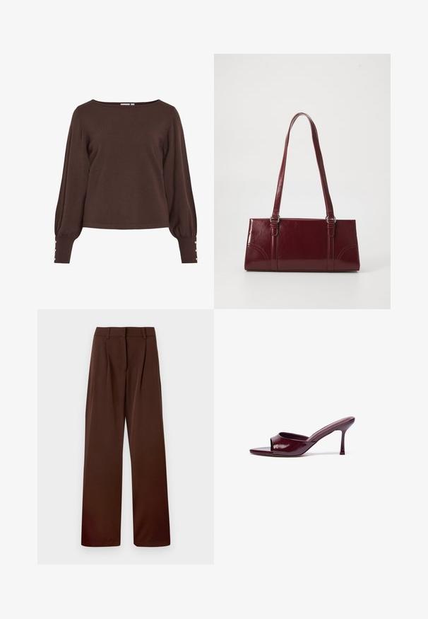 Pull marron tricoté avec un col bateau, de longues manches bouffantes et des détails à boutons aux poignets. Caractérisé par une coupe décontractée et une texture lisse.; Pantalons évasés d'une riche couleur marron, fabriqués en tissu lisse avec un devant plat, deux plis et des passants de ceinture à la taille.; Sandales à glissière ouvertes en cuir verni bourgogne avec une forme courbée et un talon aiguille fin. Texture lisse avec un minimum de détails.; Sac à main bordeaux en matériau brillant, de forme rectangulaire, avec deux anses et des accents légèrement courbés à l'avant.