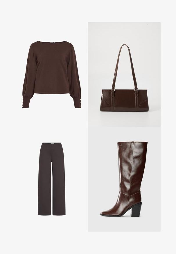 Brun strikket sweater med bådudskæring, lange pufærmer og knapdetaljer ved ærmekanterne. Har en afslappet pasform og en glat tekstur.; ICHI IHKATE WIDE PA2 - Bukser - chocolate torte; Høj, mørkebrun læderstøvle med spids tå og stablet blokhæl, vist fra siden på en ensfarvet baggrund.; Brun lakeret håndtaske med rektangulær form, to lange håndtag og subtile buede detaljer på fronten.