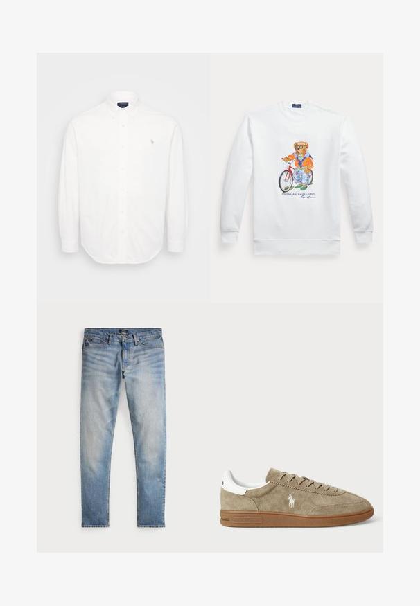 Weißes Sweatshirt mit einem Bild eines Bären, der eine Sonnenbrille, eine orange Jacke und Jeans trägt und neben einem roten Fahrrad steht.; Weißes Langarmhemd mit Button-Down-Kragen, Knöpfen auf der Vorderseite und kleinem gestickten Logo auf der linken Brust. Hergestellt aus Baumwolle.; Helle blaue Denim-Jeans mit einem ausgewaschenen Finish, Fünf-Taschen-Design und kontrastierenden Nähten. Mit Reißverschluss und Gürtelschlaufen. Gerade geschnitten.; Wildledersneaker in Beige mit weißen Akzenten, runder Zehenform und Schnürdesign. Mit eingeprägtem Logo und Gummisohle für besseren Halt.