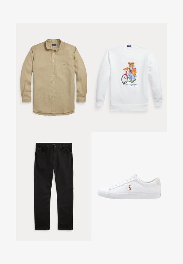 Hvid sweatshirt med en grafik af en bjørn iført solbriller, en orange jakke og jeans, der står ved siden af en rød cykel.; Beige langærmet skjorte med knapper, krave, forreste knapper og lille mørkeblå broderet logo på venstre bryst.; Sorte jeans med lige ben med for- og baglommer, bæltestropper, knaplukning og et diskret mærke på linningen og lommen.; Hvide kanvas sneakers med lågtop design, prydet med en beige hælkappe og et lille broderet logo på siden. Gummisål.