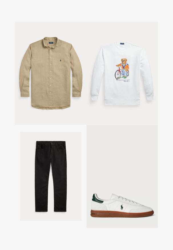 Witte sweatshirt met een afbeelding van een beer die een zonnebril, een oranje jas en spijkerbroek draagt, staand naast een rode fiets.; Beige blouse met lange mouwen met knopen, kraag, knopen aan de voorkant en klein marineblauw geborduurd logo op de linkerborst.; Zwarte denim jeans met een recht gesneden pijp, vijf-pocketontwerp en subtiele textuur. Details van een metalen knoop en ritssluiting.; Witte leren sneaker met groene hielaccent, textuur van suède panel, rubberen zool en geborduurd logo op de zijkant. Voorzien van een vetersluiting.