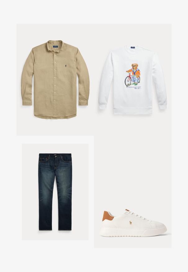 Weißes Sweatshirt mit einem Bild eines Bären, der eine Sonnenbrille, eine orange Jacke und Jeans trägt und neben einem roten Fahrrad steht.; Beige langärmliges Hemd zum Knöpfen mit Kragen, vorderen Knöpfen und kleinem dunkelblau besticktem Logo auf der linken Brust.; Dunkelblaue Jeans aus Denim mit geradem Bein, dezentem Ausbleichen in Kniehöhe und orangen Ziernähten an Taschen und Nähten.; Weißer Sneaker mit niedrigem Schaft, beige Fersenlasche, weißen Schnürsenkeln und kleinem, besticktem Polospieler-Logo an der Seite über einer dicken Sohle.