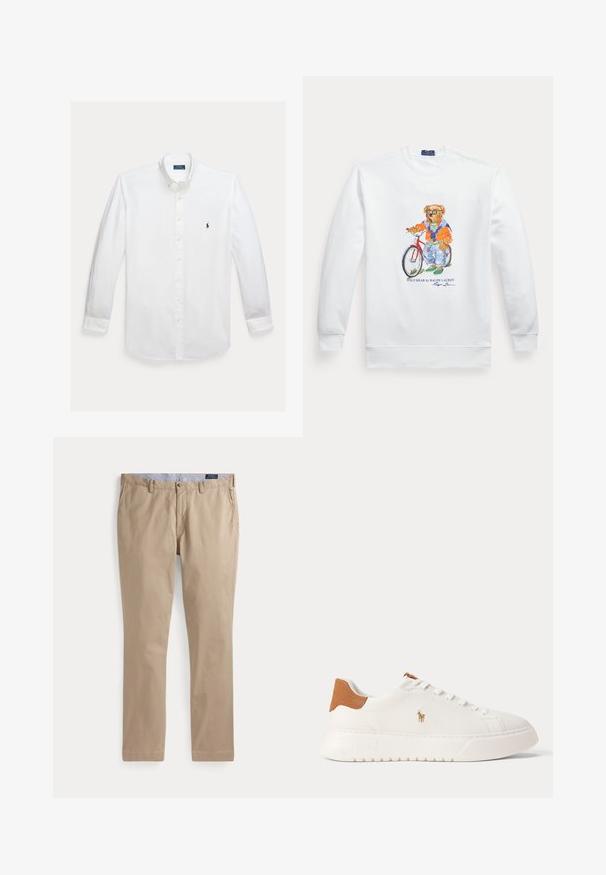 Hvid sweatshirt med en grafik af en bjørn iført solbriller, en orange jakke og jeans, der står ved siden af en rød cykel.; Hvid skjorte med lange ærmer, knapper foran, krave og lille mørkeblå Polo Ralph Lauren logo broderet på brystet.; Beige chinos med lige ben, bæltestropper, frontknap, sidelommer og en synlig Polo Ralph Lauren mærkat på indersiden af linningen.; Hvid lavtop sneaker med tan hælfane, hvide snørebånd og lille broderet polo-spiller logo på siden over en tyk sål.