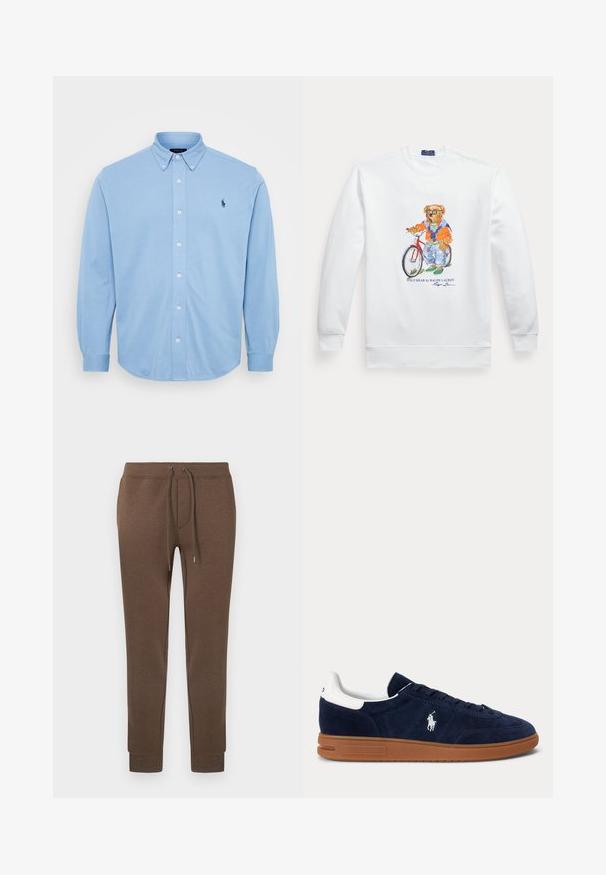 Hvid sweatshirt med en grafik af en bjørn iført solbriller, en orange jakke og jeans, der står ved siden af en rød cykel.; Lyseblå langærmet skjorte med knapper lavet af bomuld, med en knap-ned krave og et lille broderet logo på brystet.; Brune joggingbukser i et blødt, elastisk materiale med elastik i taljen, snørebånd og ribstrikkede manchetter. Lille logo øverst til venstre.; Mørkeblå ruskindssneaker med hvid hælflap, broderet logo på siden, brun gummisål og sorte snørebånd.