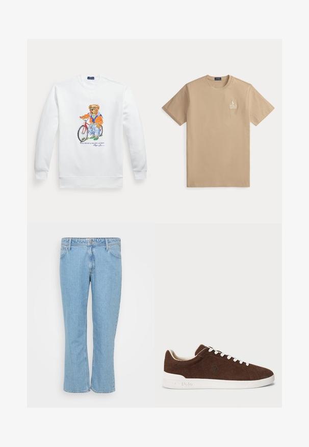 Biely sveter s grafikou medveďa, ktorý má na sebe slnečné okuliare, oranžovú bundu a džínsy, stojaci vedľa červeného bicykla.; Béžové tričko Polo Ralph Lauren s krátkym rukávom, okrúhlym výstrihom a malým bielym logom na ľavej strane hrudníka.; Svetlomodré denimové džínsy so strihom rovného nohavice, so štýlom s piatimi vreckami a so zapínaním na gombík v páse.; Hnedé semišové nízke tenisky s bielou gumovou podrážkou, bielymi šnúrkami a vyšitou logom Polo na boku.