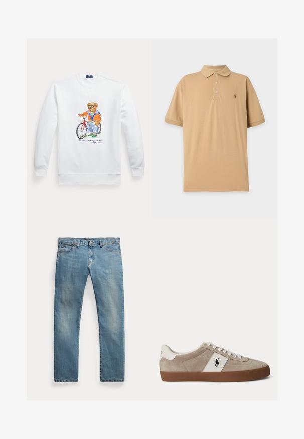 Weißes Sweatshirt mit einem Bild eines Bären, der eine Sonnenbrille, eine orange Jacke und Jeans trägt und neben einem roten Fahrrad steht.; Beiges Poloshirt mit kurzen Ärmeln, drei Knöpfen und kleinem besticktem Logo auf der linken Brust vor einfachem Hintergrund.; Hellblaue Jeans mit geradem Bein, Fronttaschen, Gürtelschlaufen, Knopfverschluss und leicht ausgewaschenen Details.; Beiger Wildleder-Sneaker mit niedrigem Schaft, weißen Schnürsenkeln, weißem Lederakzent mit schwarzem Pferdelogo und brauner Gummisohle.