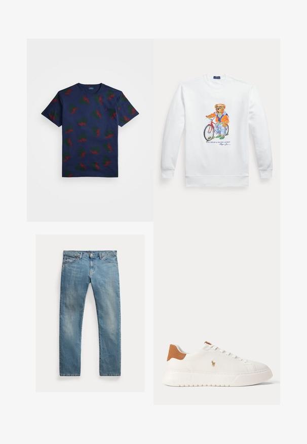 Hvid sweatshirt med en grafik af en bjørn iført solbriller, en orange jakke og jeans, der står ved siden af en rød cykel.; Marineblå bomulds t-shirt med et gentaget mønster af røde og grønne vinge-designs. Har rund hals og korte ærmer.; Lyseblå denimjeans med lige snit, knaplynlås, fem lommer, diskret slid og syninger som detalje.; Hvid lavtop sneaker med tan hælfane, hvide snørebånd og lille broderet polo-spiller logo på siden over en tyk sål.