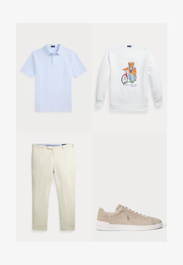 Weißes Sweatshirt mit einem Bild eines Bären, der eine Sonnenbrille, eine orange Jacke und Jeans trägt und neben einem roten Fahrrad steht.; Hellblaues Baumwoll-Polohemd mit kurzen Ärmeln, klassischem Kragen, weißen Akzenten und einem kleinen Logo auf der linken Brust.; Beige Herrenhose mit geradem Bein, Gürtelschlaufen und Vordertaschen, flach auf weißem Hintergrund liegend.; Beige Wildleder Sneaker mit weißen Schnürsenkeln und Sohle, besticktes Polo-Logo an der Seite und "Polo" im Schuhsohle eingraviert.