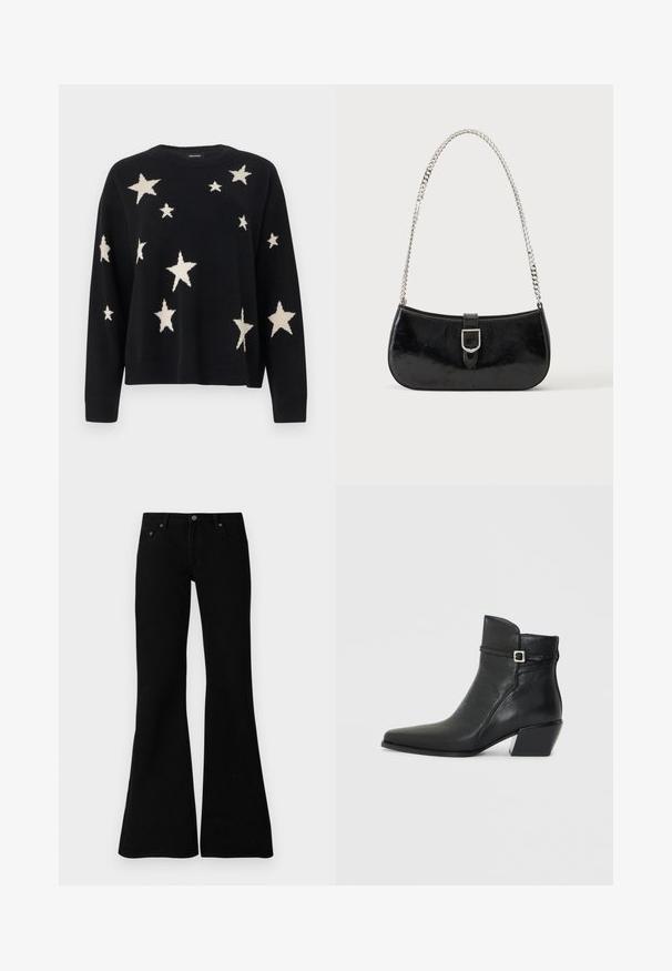 Pull noir à manches longues avec des motifs d'étoiles blanches de tailles variées dispersés sur le devant, les manches et les épaules.; Jean évasés noirs en denim, avec un design classique à cinq poches, fermeture à bouton et détails de couture subtils le long des coutures.; Bottines en cuir noir avec un bout pointu, un petit talon carré et une sangle décorative avec une boucle en argent. Texture lisse.; Sac à épaule en cuir verni noir avec détail de boucle argentée et bandoulière en chaîne argentée, présenté sur un fond uni clair.