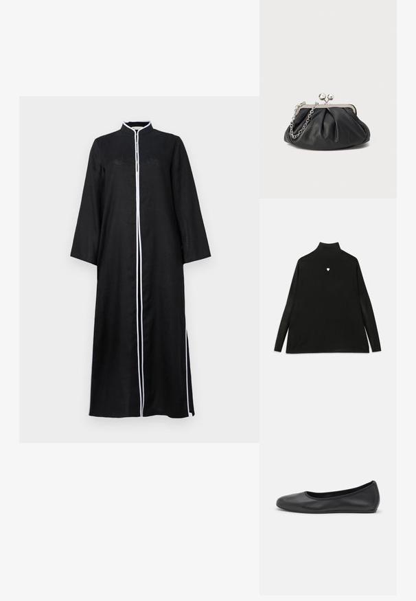 Sort turtleneck sweater med lange ærmer, prydet med et lille hvidt hjerteemblem på brystet. Blødt stof og afslappet pasform.; Sort langærmet kjole med høj krave, med hvid piping langs forsiden og sideslids, lavet af et let materiale.; Sort læderballetsko med rund tå, glat tekstur, minimal syning og et fleksibelt såldesign.; Sort læder clutch med samlet tekstur, sølvfarvet metalramme, kys-lås lukning og kædestrop. Glat, blød overflade.