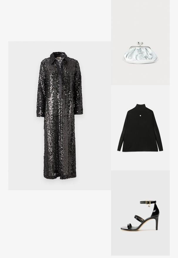 Pull noir à col roulé avec manches longues, arborant un petit embleme en forme de cœur blanc sur la poitrine. Tissu doux et coupe décontractée.; Robe longue noire ornée de sequins avec un col et une fermeture à boutons sur le devant, dotée de manches longues et d'une finition en satin lisse.; Sandale en cuir verni noir avec trois brides, boucle de cheville et talon aiguille de 10 cm. Présente un détail en métal doré et un charm logo.; Petit sac pochette métallique argenté avec un design arrondi et froncé, fermeture à clip avec deux boules argentées.