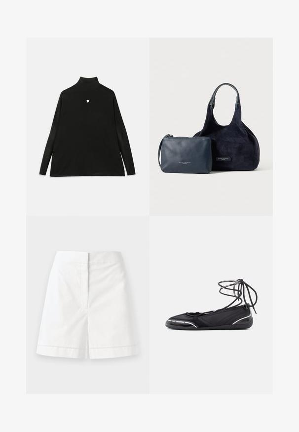 Sort turtleneck sweater med lange ærmer, prydet med et lille hvidt hjerteemblem på brystet. Blødt stof og afslappet pasform.; Hvide bomuldsshorts med lige snit, der har en glat tekstur, baglommer og en dekorativ stikning langs kanten.; Sorte ballerinaer med en struktureret overdel og snøredetalje. Bemærkelsesværdige sølvdetaljer og en blød gummisål for fleksibilitet.; Marineblå ruskindstaske med enkelt håndtag ved siden af en mindre læder lynlåspung, begge mærket Gianni Chiarini Firenze.