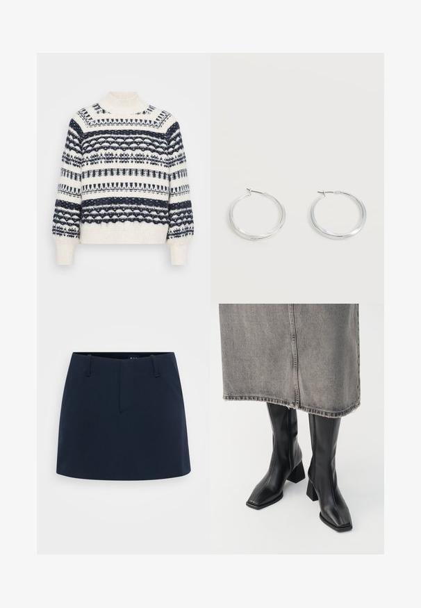 Vero Moda Petite VMHENYA HIGHNECK - Pullover - birch/navy; Jupe bleu marine au design cintré, avec un devant plat, des passants de ceinture et sans poches visibles. Fabriquée en tissu texturé.; Bottes noires montantes en cuir lisse avec un bout carré et un talon bloc. Portées avec une jupe en denim grise à l'ourlet effiloché.; Boucles d’oreilles créoles en métal argenté avec une surface lisse légèrement incurvée et des fermoirs à clapet sur un fond blanc uni.