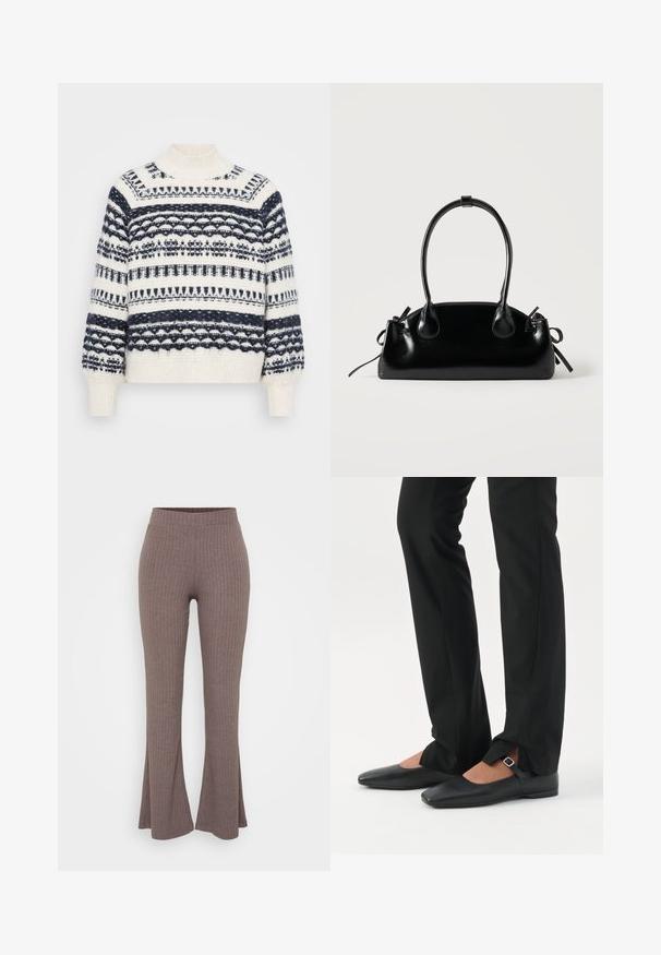 Vero Moda Petite VMHENYA HIGHNECK - Strickpullover - birch/navy; Braune gerippte Schlaghosen mit einem hohen, dehnbaren Bund und einer weichen Textur, die ein dezentes vertikales Muster aufweisen.; Beine in schwarzen schmalen Hosen mit vorderen Schlitzen am Saum, kombiniert mit schwarzen flachen Mary-Jane-Schuhen mit kleinem Schnallenriemen.; Kleine schwarze glänzende Handtasche mit zwei langen Griffen und seitlichen Kordelzug-Details vor einfachem hellem Hintergrund.
