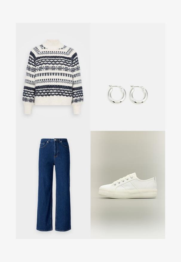 Vero Moda Petite VMHENYA HIGHNECK - Jersey de punto - birch/navy; Pantalones vaqueros de pierna ancha en azul oscuro, con un diseño clásico de cinco bolsillos, costuras sutiles y un cierre de botón metálico en la cintura.; Zapatilla deportiva blanca de caña baja con suela gruesa acanalada, cordones delanteros y tira para tirar en el talón sobre un fondo neutro.; Pendientes de aro de plata con un acabado pulido, que presentan una forma circular y un cierre de gancho. Textura suave con detalles mínimos.